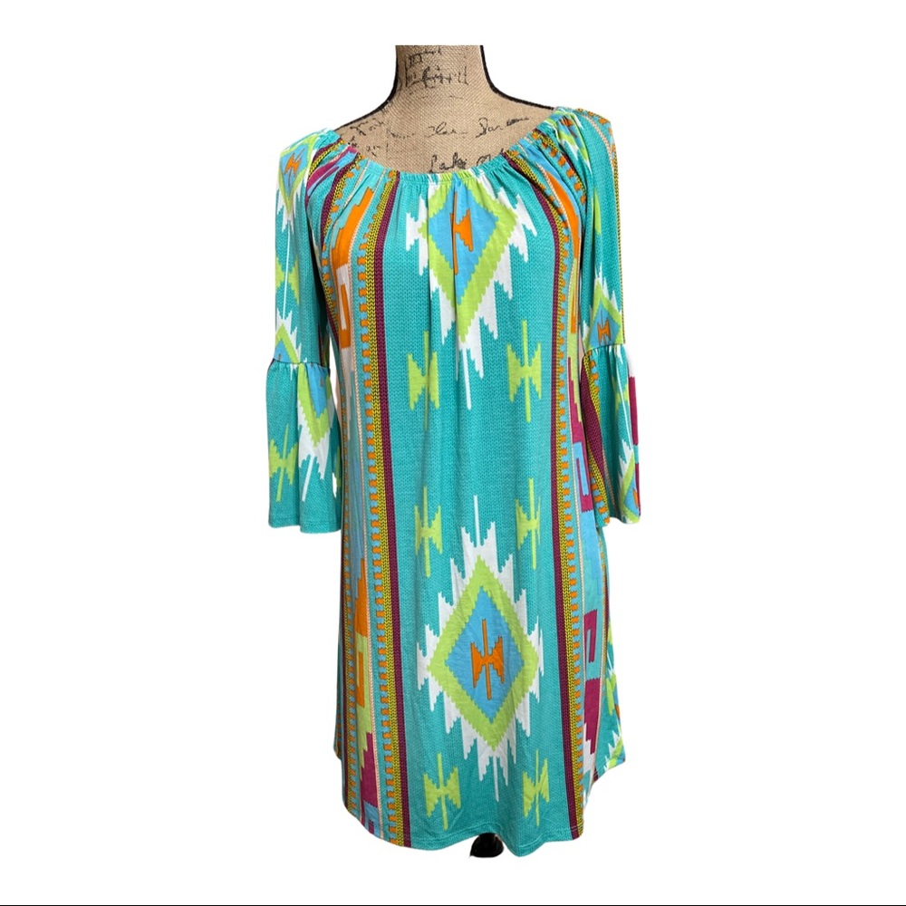 Turquoise Printed Spandex Dress